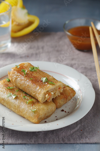 Spring rolls - a typical dish in Chinese and other Southeast Asian cuisines 