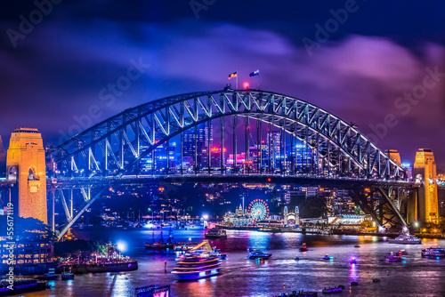 Beautiful cityscape of Sydney Harbour Bridge at night.