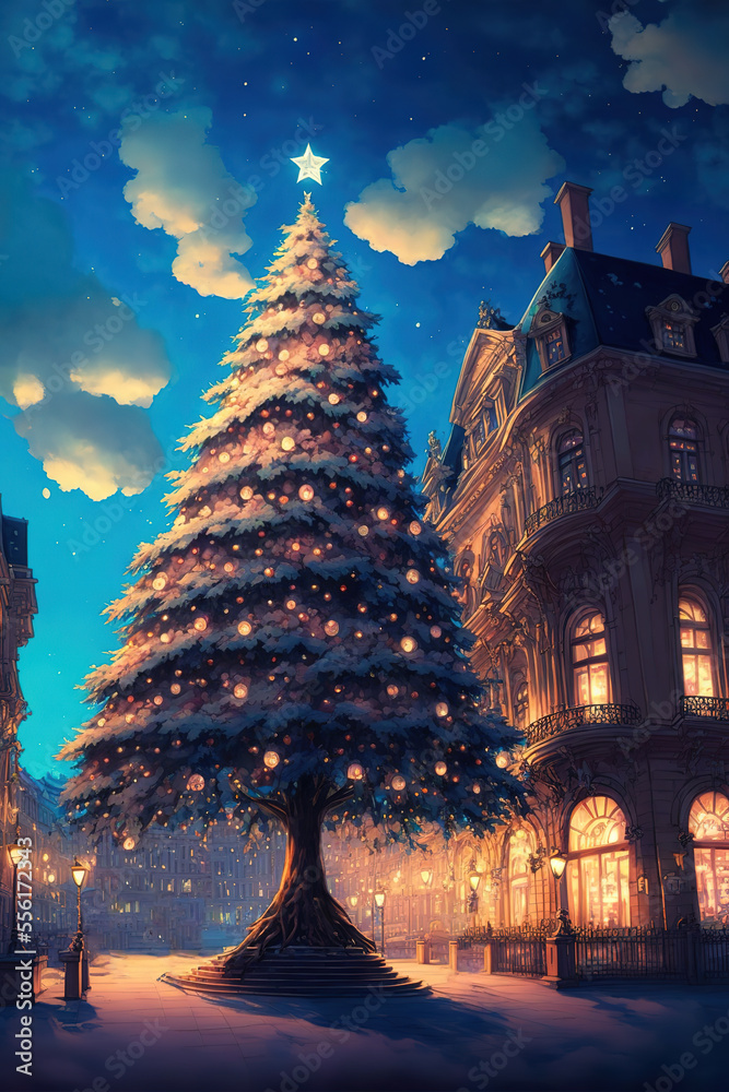 beautiful night scenery, christmas tree on the city square, wallpaper, art illustration