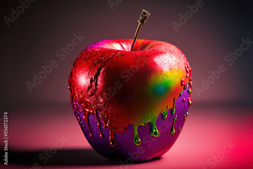 Concepts of fake food, coloring, fraud, and fake food. An apple is painted by hand in artificial red paint or color. Generative AI