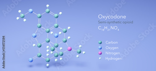 oxycodone molecular structures, semi-synthetic opioid 3d model, Structural Chemical Formula and Atoms with Color Coding photo