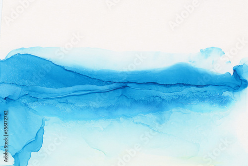 Art Abstract grain beige and blue watercolor and alcohol ink flow smear blot painting . Copy space canvas texture horizontal background.