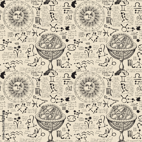 Abstract seamless pattern with zodiac signs, Lorem ipsum handwritten text, sun, moon, stars and constellations. Hand-drawn vector background on theme of horoscopes and zodiacs in retro style © paseven