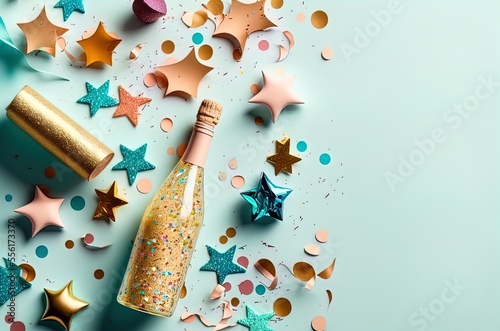 Celebration background with golden champagne bottle, confetti stars. Christmas, birthday or wedding concept. Generative AI.