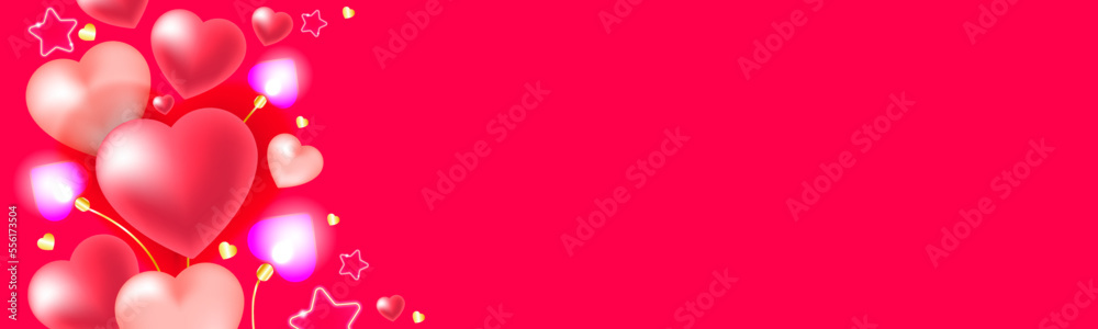 Valentine's Day background. Pattern with realistic glowing hearts for Valentine's Day. Ornament for Valentine's Day. 3d hearts neon and glowing hearts. Vector illustration. 