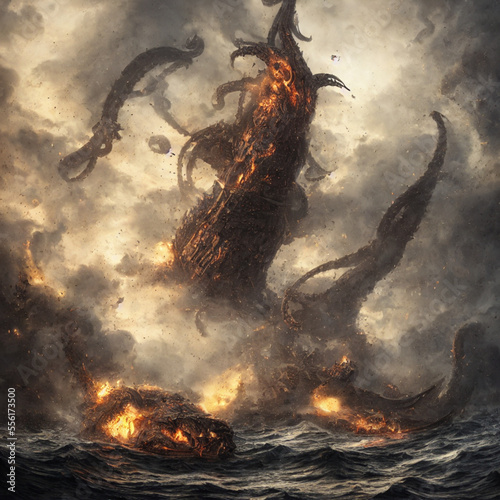 medieval ships on fire are getting destroyed by a giant kraken sea monster 