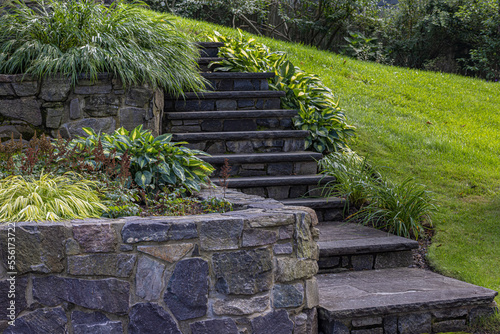 Natural Stone Staircase and retaining wall. Landscaping Ideas. photo