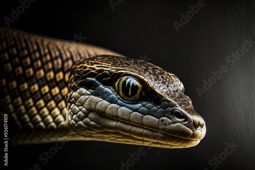 Asian vinesnake's head in closeup against a dark backdrop as it prepares to strike an animal. Generative AI photo