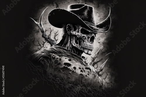 Black and white skull cowboy artwork print on t shirts, jackets, and mementos. Generative AI