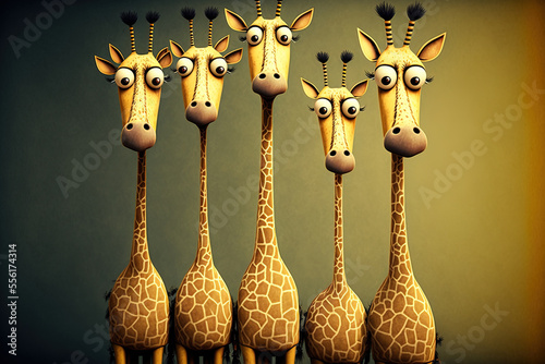 a group of six adorable giraffes. Cartoon illustration. Generative AI