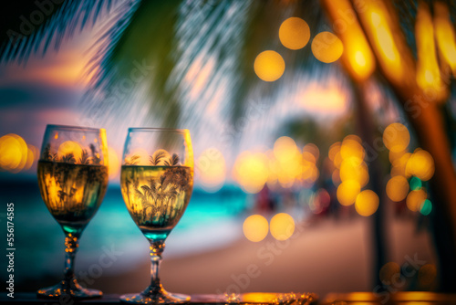 two glasses of champagne over a tropical paradise background by a beautiful beach at sunset  Generative AI