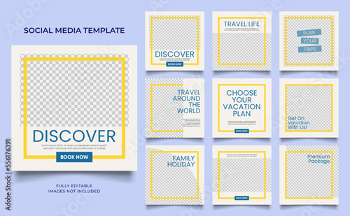 social media template banner travel and vacation service promotion. fully editable instagram and facebook square post frame puzzle organic sale poster