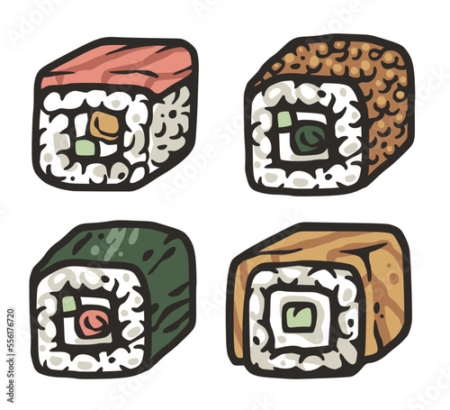 Asian food sushi set with salmon, nori or seafood. Japanese or chinese rolls with shrimp, squid