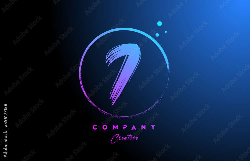 7 grunge number letter logo icon design with dots and circle. Blue pink gradient creative template for company and business