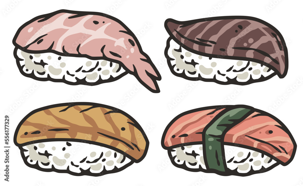 Asian food sushi set with salmon, nori or seafood. Japanese or chinese rolls with shrimp, squid