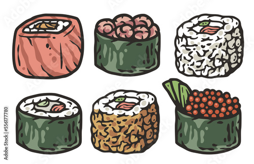Asian food sushi set with salmon, nori or seafood. Japanese or chinese rolls with shrimp, squid