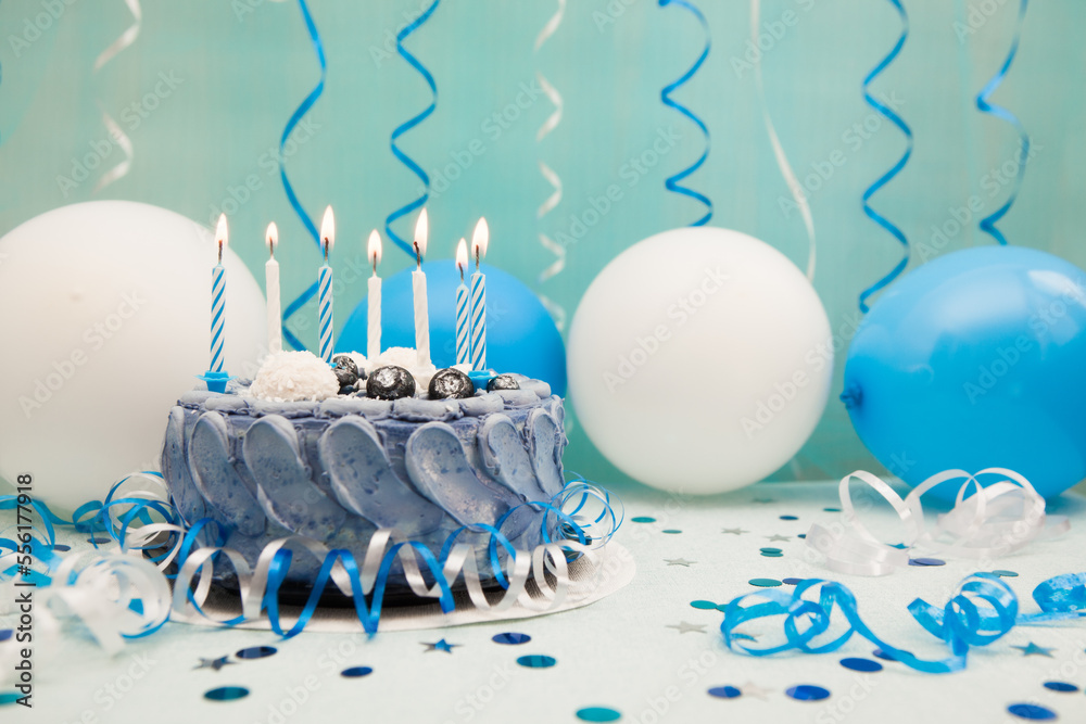 Blue birthday cake with candles and white and navy air balloons with copy  space, happy birthday card Stock Photo | Adobe Stock