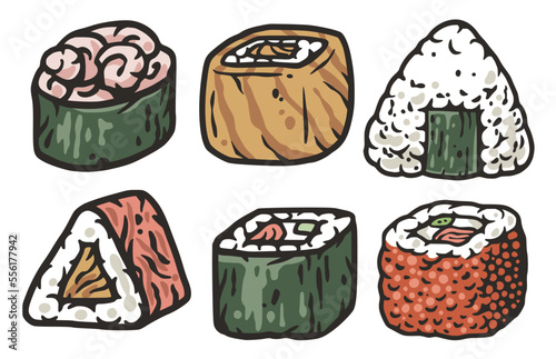 Asian food sushi set with salmon, nori or seafood. Japanese or chinese rolls with shrimp, squid