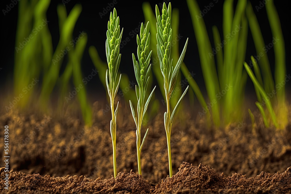 Wheat seedlings at their early stages of growth. Wheat seedlings in the ...