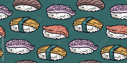 Asian food sushi seamless pattern for seafood background. Japanese or chinese rolls with salmon, nori