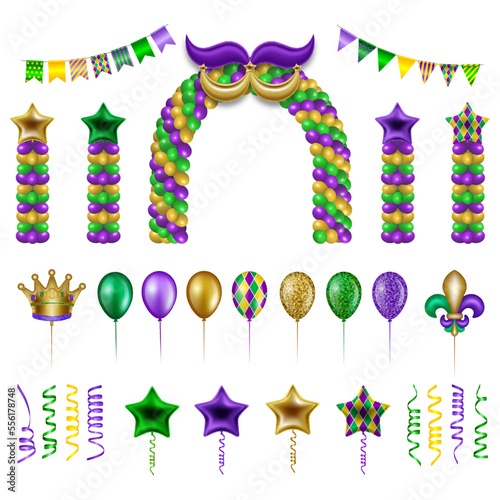 Mardi gras party elements. mardi gras decorations with balloons. mardi gras arch with balloons, streamers and pennants