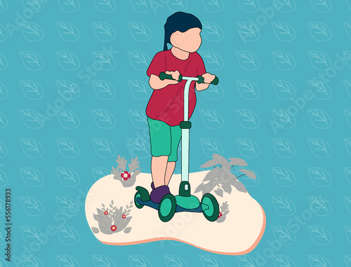 Girl playing Scooter in garden illustration photo