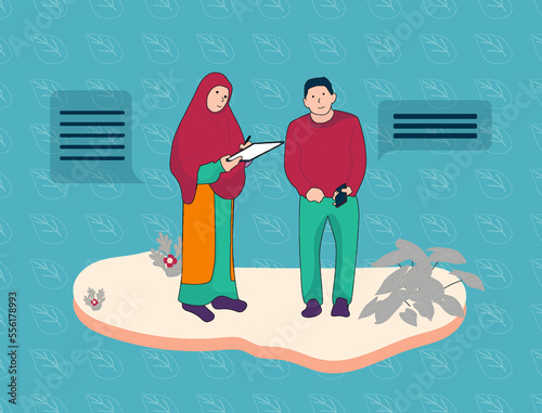 Muslim woman census worker questionning man in park