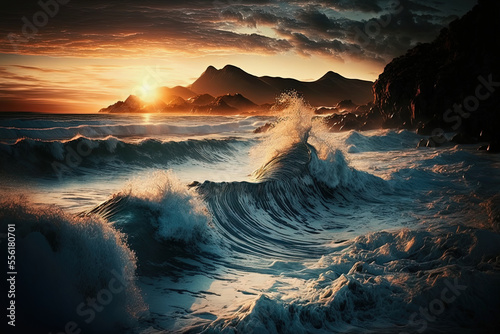ai generated illustration of a seascape during sunset with waves at a rocky coast