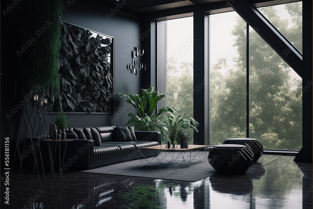 ai generated illustraton of a living room with black interior and green ...