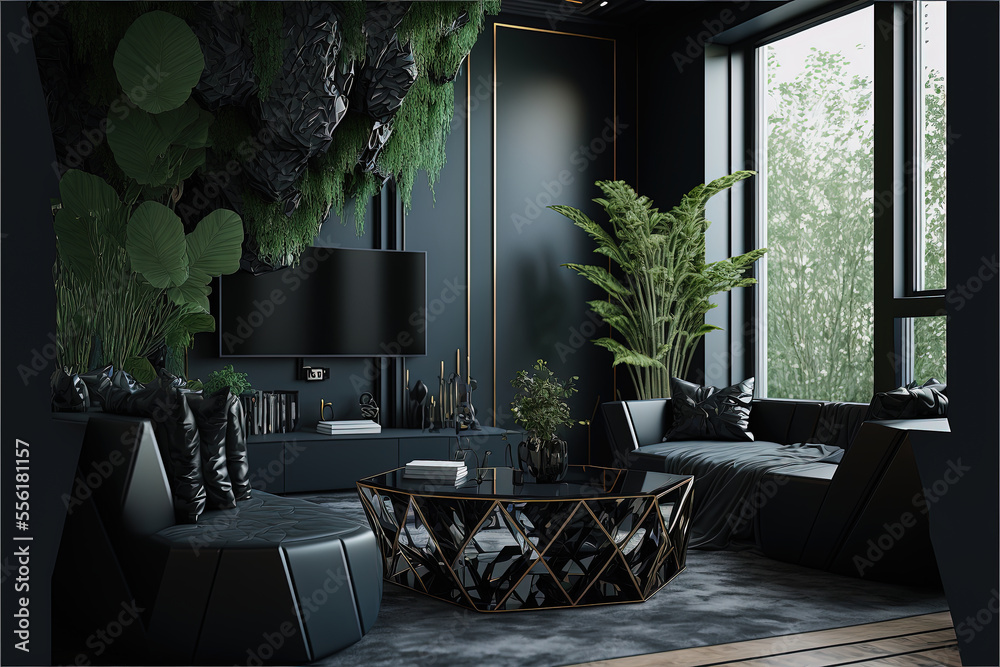 ai generated illustraton of a living room with black interior and green ...