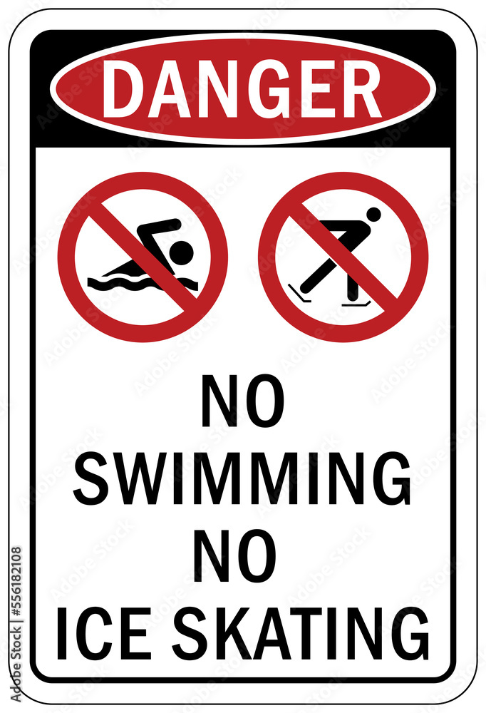 Ice warning sign and labels no swimming no ice skating Ice warning sign and labels no swimming no ice skating