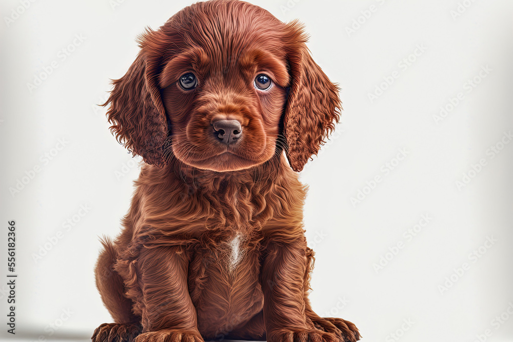 adorably dressed red Cobberdog puppy, facing the front. curiously facing the camera alone against a white backdrop. Generative AI