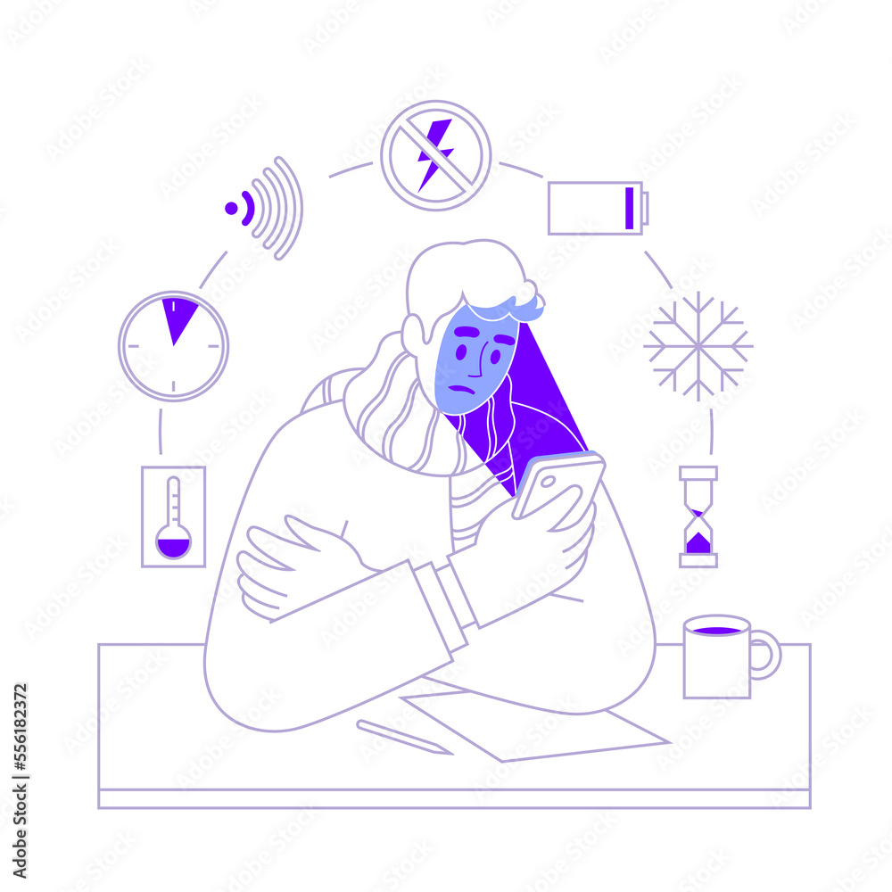 Man surrounded by problems caused by blackout, concept in linear style. Vector illustration Man surrounded by problems caused by blackout, concept in linear style. Vector illustration