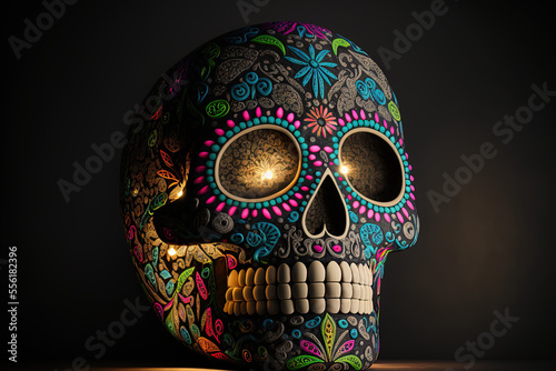 Mexican Day of the Dead ceramic skull with lights on a dark backdrop. Generative AI