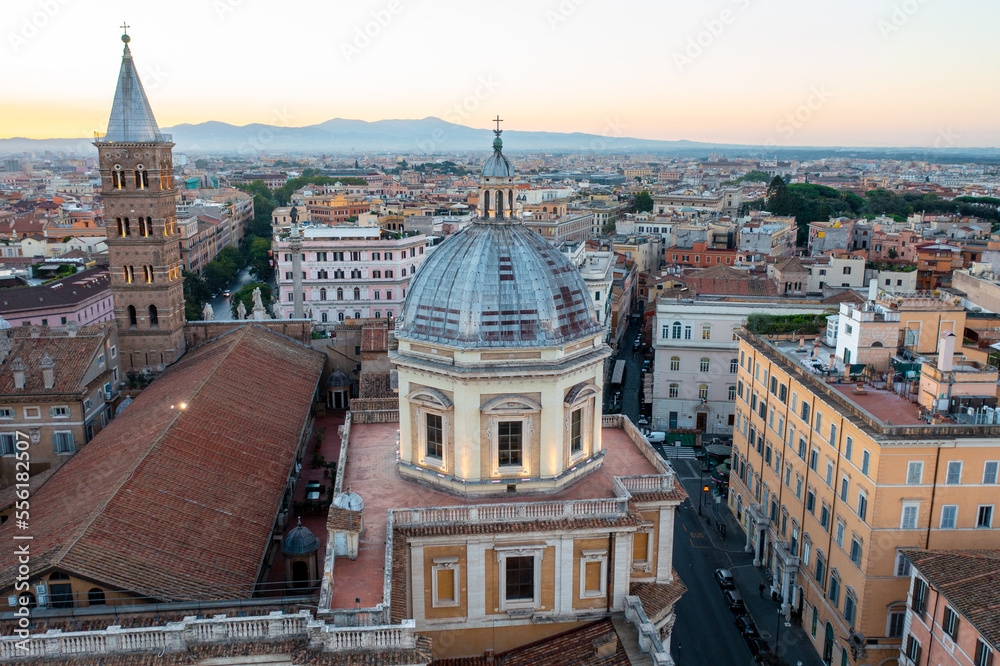 Aerial view of the Cupola on the Basilica Papale di Santa Maria Maggiore at Sunrise