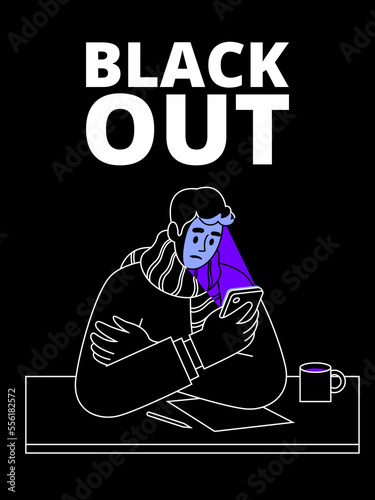 Poster with a man looking at a smartphone on the theme of Blackout. Vector illustration