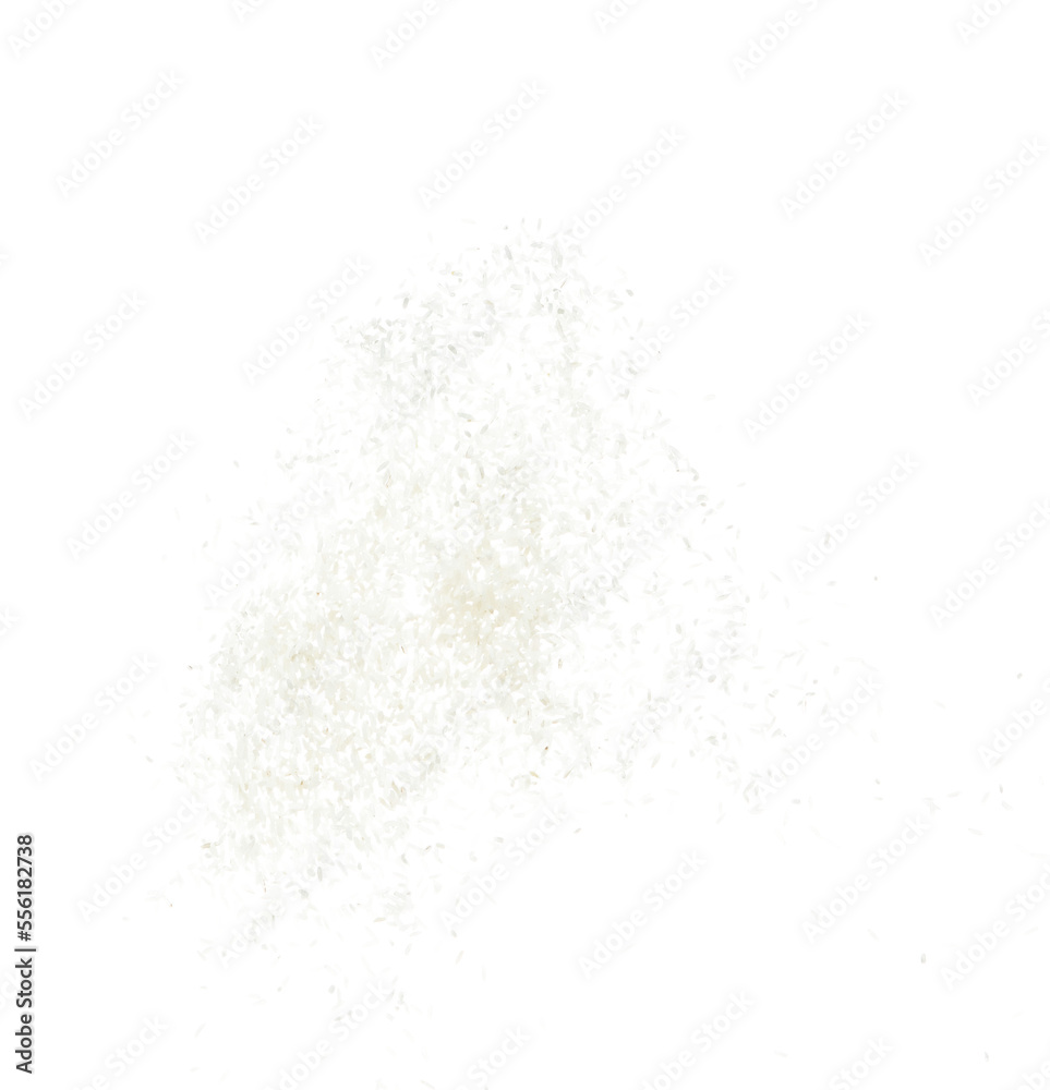 Japanese Rice flying explosion, white grain rices explode abstract cloud fly. Beautiful complete seed rice splash in air, food object design. Selective focus freeze shot white background isolated