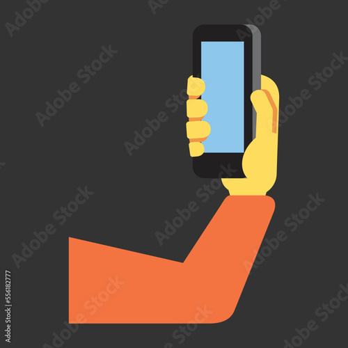 A mobile phone held up to take a selfie vector icon flat emoji  illustration. Isolated person holding the phone or camera sign. Disembodied arm holding a mobile phone symbol.