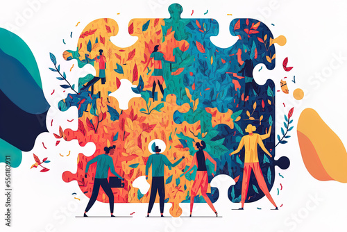 Jigsaw puzzles are a fantastic tool for brainstorming and teamwork. People who operate in a business team collectively connect puzzle pieces. art in a flat design. Generative AI