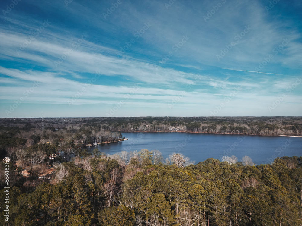 aerial view of a beautiful lake in atlanta. drone photography. forests