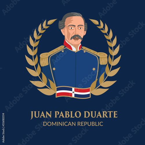 VECTORS. Editable banner of Juan Pablo Duarte, one of the founding fathers of Dominican Republic. January 26, Duarte Day, folk hero, public holiday, formal, gold details photo