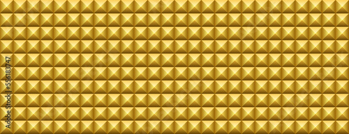 Vector gold pyramid seamless pattern. Yellow square shape wall texture. Golden 3d triangle background. Modern soundproof foam panel, top view. Podcast blogger studio interior decor. Golden diamond