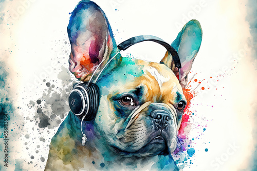 A watercolor painting of a French bulldog wearing headphones and listening to music. Generative AI photo