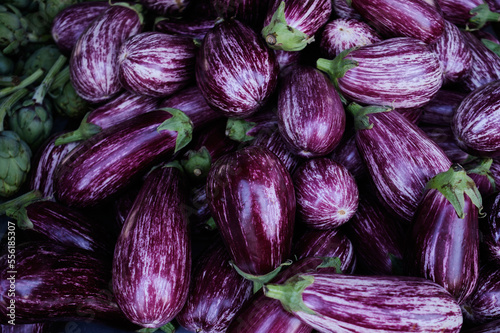 Eggplants at a Market .
Fresh and large farm eggplants in the market