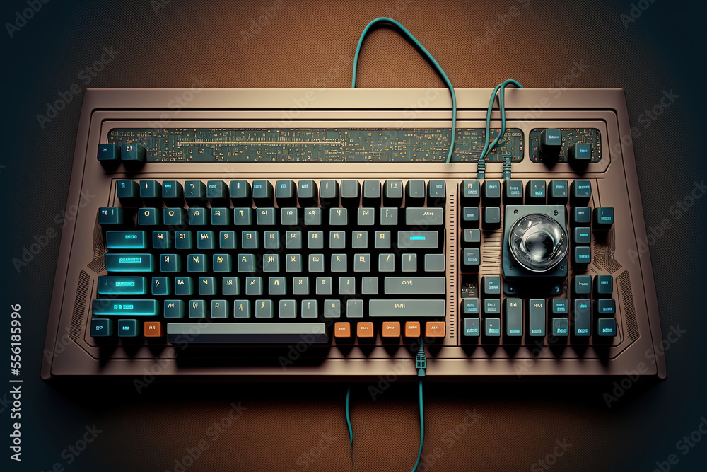 Retro keyboard and mouse for a computer display. computer with musical aspects in the user interface. Generative AI - obrazy, fototapety, plakaty 