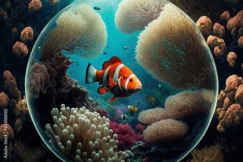 View of coral fish, underwater diving, and a clown fish in a coral reef. Generative AI