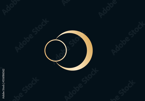 Dark esoteric logo on dark background. Gold moon symbol isolated. Mystic vector rings. Alchemy occult sign. Magic planets solar. Astrology circle logotype. Zodiac elements. Witch golden lunar stamp