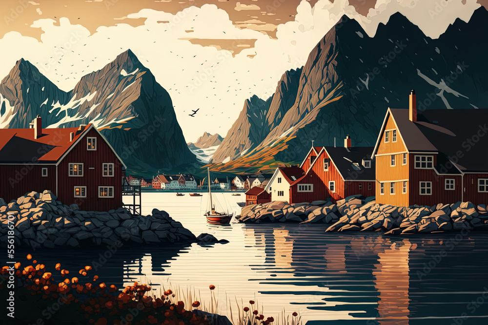 Backdrop of lofoten scenery in Norway. Illustration of a bay with houses. perfect for art prints, posters, and postcards. Generative AI - obrazy, fototapety, plakaty 
