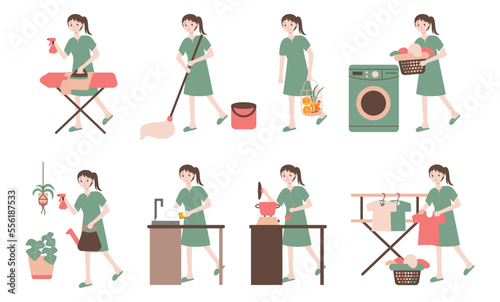 housewife doing household chores cartoon illustration