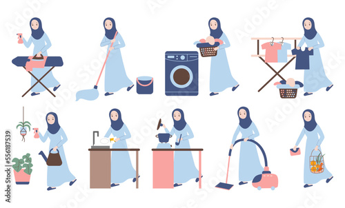 muslim housewife doing household chores cartoon illustration